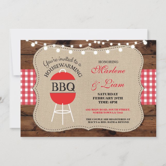 Housewarming BBQ Red Rustic New Home Invitation (Front)