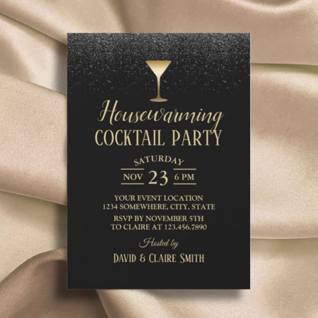 Housewarming Cocktail Party Elegant Black Glitter Invitation (Creator Uploaded)