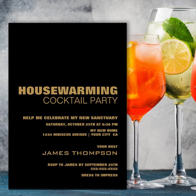 Housewarming Cocktail Party Modern Black Gold Invitation (Creator Uploaded)