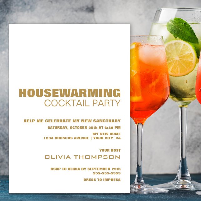 Housewarming Cocktail Party Modern White Gold Invitation (Creator Uploaded)