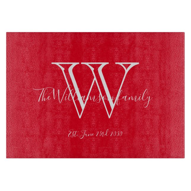 Housewarming Gift Monogram Family Name Chic Red Cutting Board (Front)