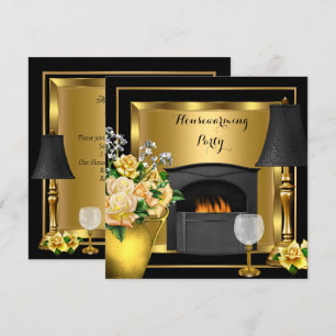 Housewarming Gold Roses Decor Wine Glass Black Invitation
