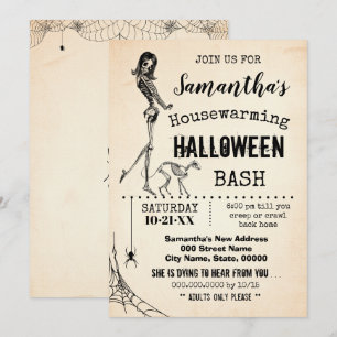 Housewarming Halloween party Girl & cat skeleton Invitation
