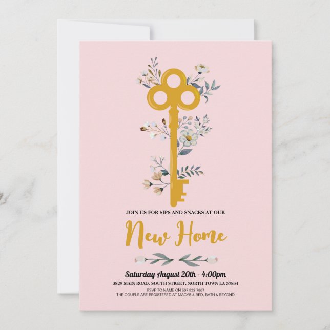 Housewarming New Home House Key Florals Pink Invitation (Front)