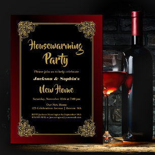 Housewarming Party Black Red with Gold Frame Invitation