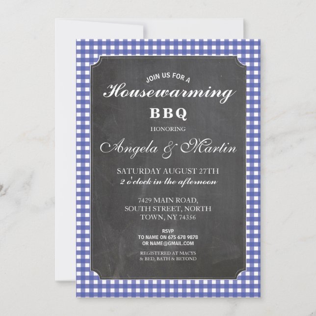 Housewarming Party Blue Check Chalk BBQ Invite (Front)
