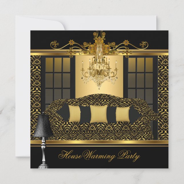 Housewarming Party Chandelier Damask Gold Black Invitation (Front)