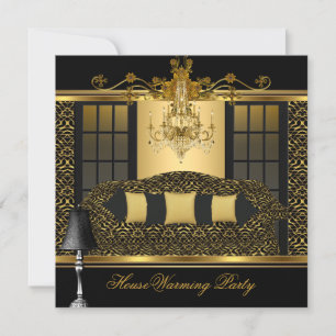 Housewarming Party Chandelier Damask Gold Black Invitation