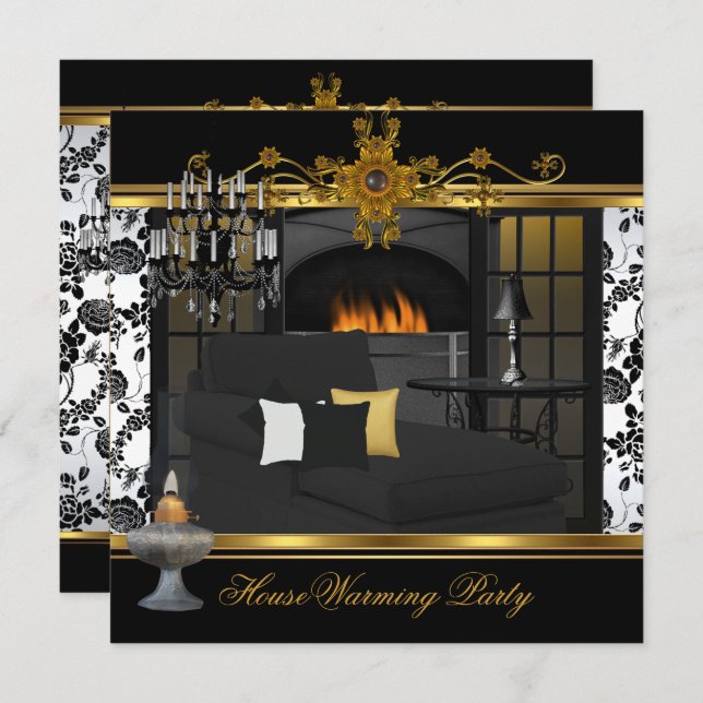 Housewarming Party Chandelier Damask White Gold Invitation (Front/Back)
