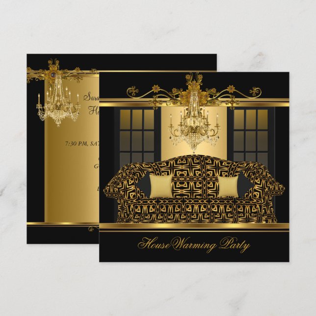 HouseWarming Party Chandelier Ornate Gold Black Invitation (Front/Back)