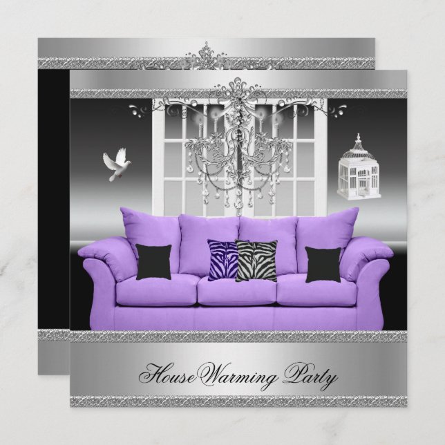 HouseWarming Party Chandelier Purple Silver White Invitation (Front/Back)