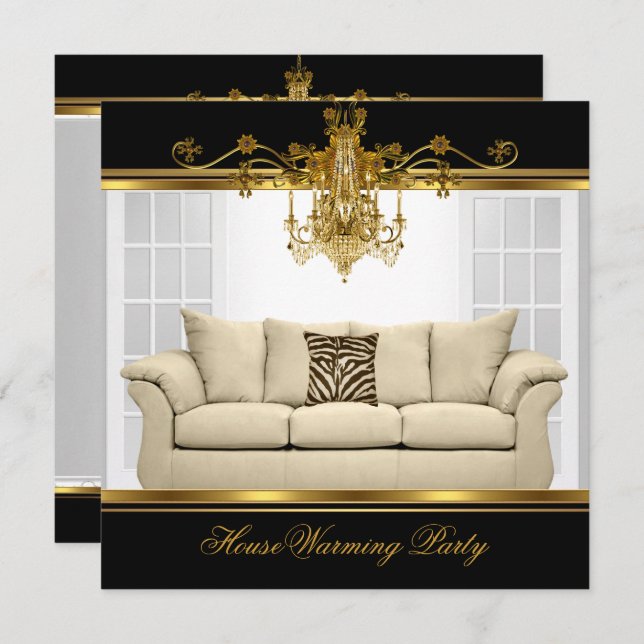 HouseWarming Party Chandelier Rich Gold Black Invitation (Front/Back)