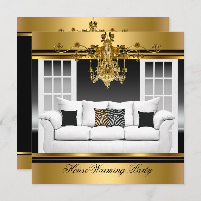 HouseWarming Party Chandelier Rich Gold Black Invitation (Front/Back)