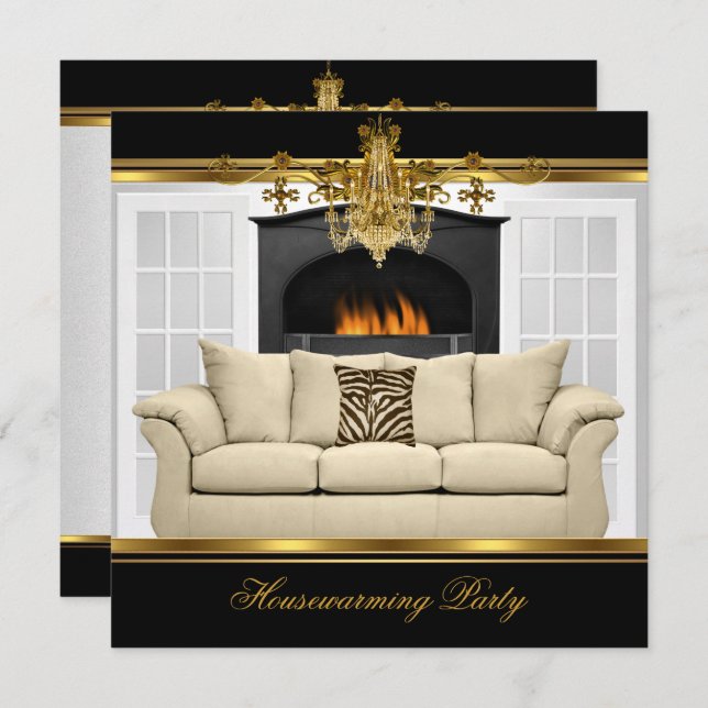 Housewarming Party Chandelier Rich Gold Black Invitation (Front/Back)