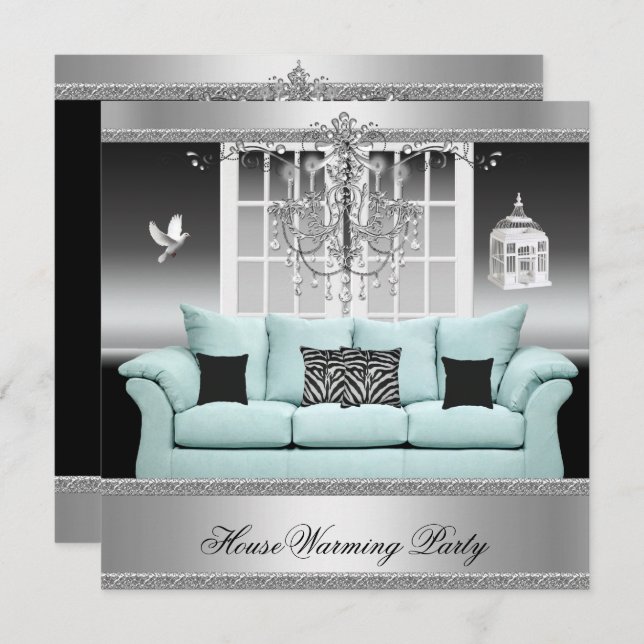 HouseWarming Party Chandelier Teal Silver White Invitation (Front/Back)
