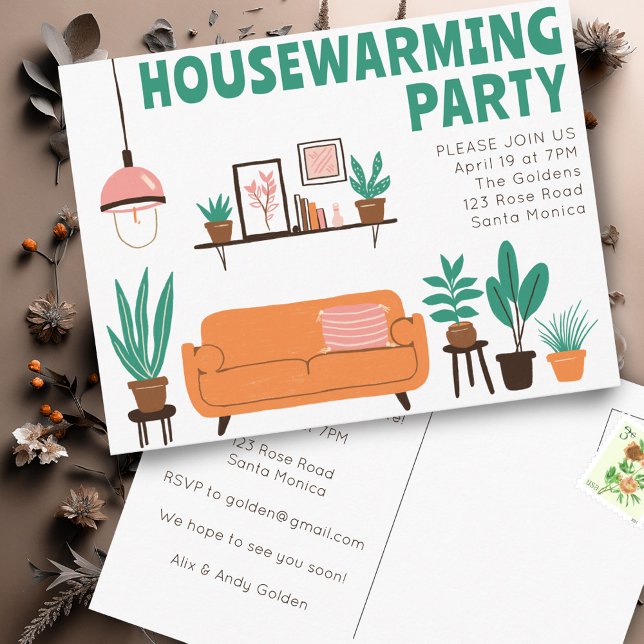 Housewarming Party Cute Living Room Sofa  Postcard (Housewarming Party Cute Living Room Sofa Postcard
Invitation)