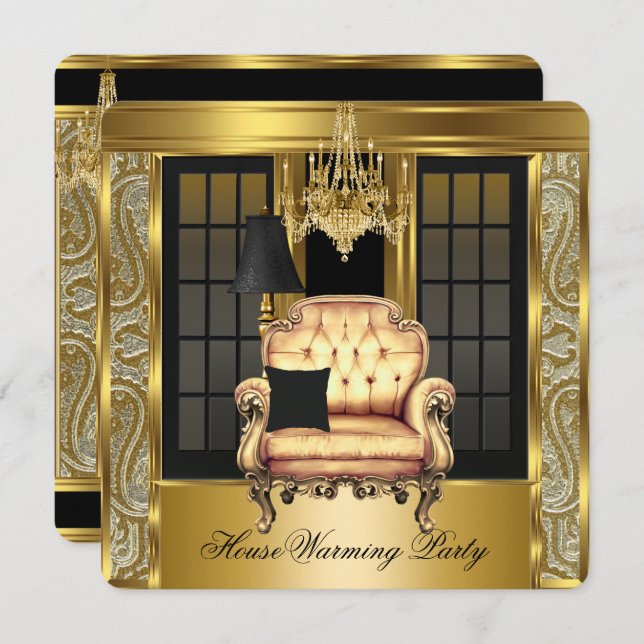 Housewarming Party Damask Chandelier Gold Chair Invitation (Front/Back)