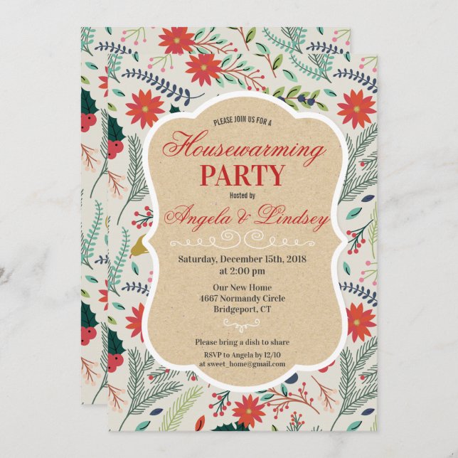 Housewarming Party Floral Pattern Invitation (Front/Back)
