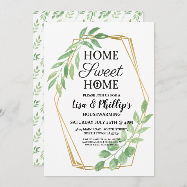 Housewarming Party Gold Frame Summer Leaves Invite (Front/Back)