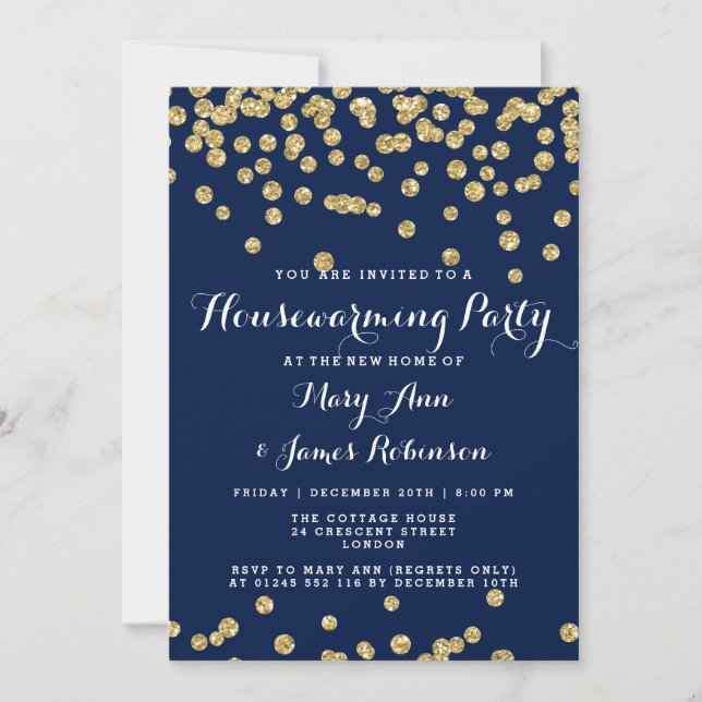 Housewarming Party Gold Glitter Confetti Navy Blue Invitation (Front)