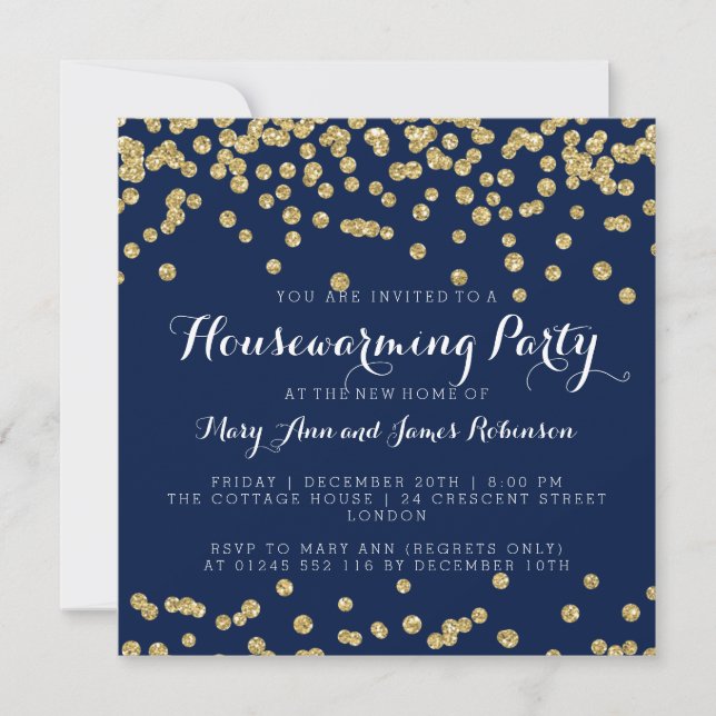 Housewarming Party Gold Glitter Confetti Navy Blue Invitation (Front)