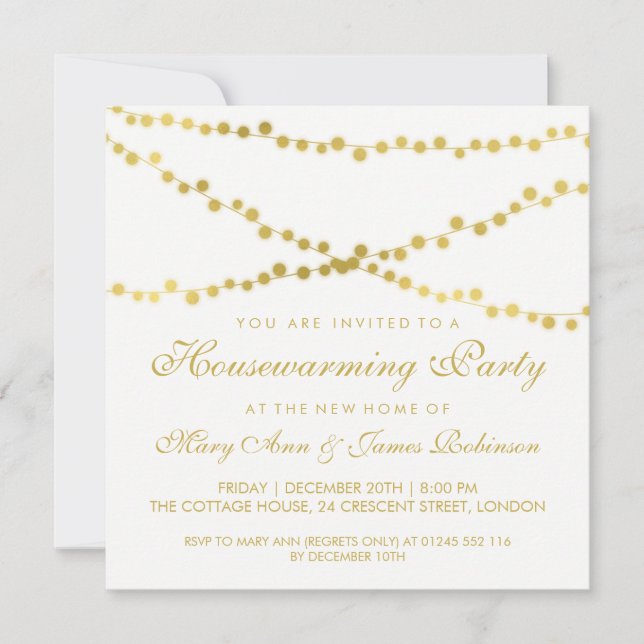 Housewarming Party Gold Glowing String Lights Invitation (Front)