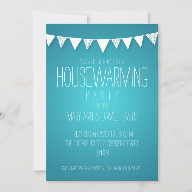 Housewarming Party Hearts Bunting Turquoise Invitation (Front)