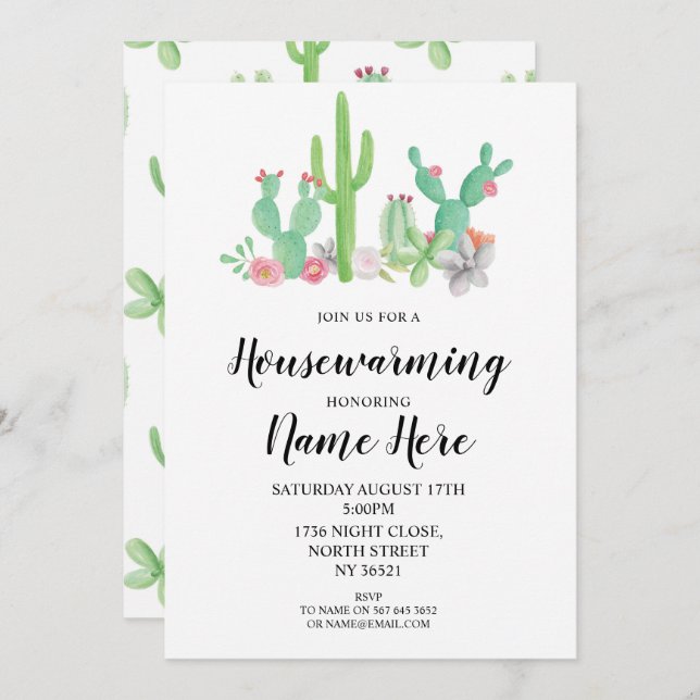 Housewarming Party Invite Cactus Watercolor Print (Front/Back)