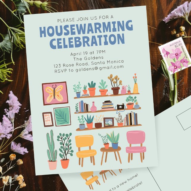 Housewarming Party Invite Cute Living Room Postcar Postcard (Housewarming Party Invite Cute Living Room Shelves Houseplants Postcard Invitation
)