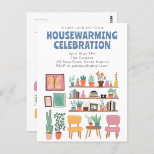 Housewarming Party Invite Cute Living Room Shelves Postcard
