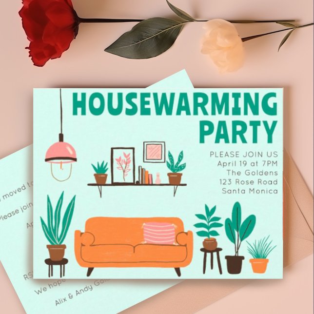 Housewarming Party Invite Cute Living Room Sofa  Postcard (Custom housewarming party postcard invitation. Cute illustration of a living room w sofa. Add text)