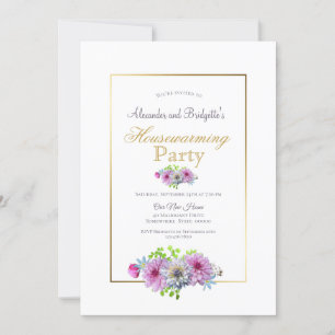 Housewarming Party Pink Floral Gold Border Invitation
