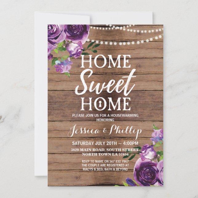 Housewarming Party Purple Rustic New Home Invite (Front)