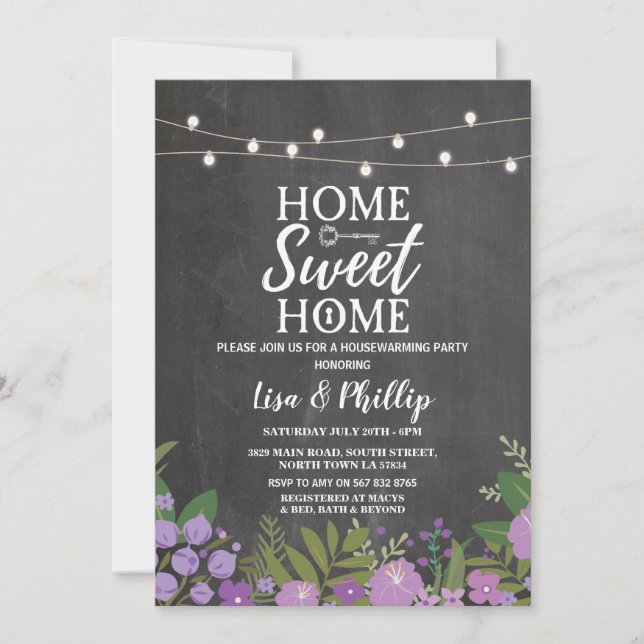 Housewarming Party Rustic Floral Chalk Key Invite (Front)