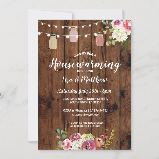 Housewarming Party Rustic Jars Wood Floral Invite (Front)