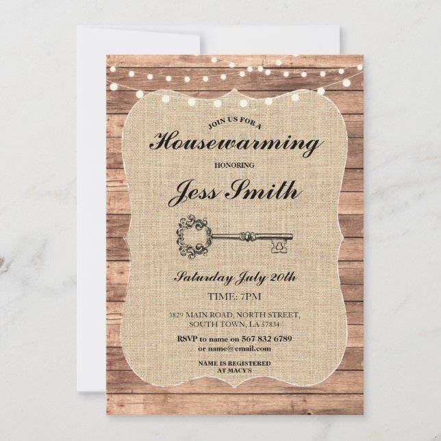 Housewarming Party Rustic Wood Burlap BBQ Invite (Front)