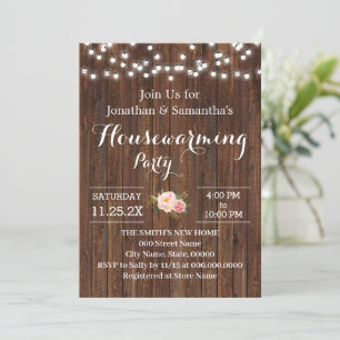 Housewarming Party Rustic Wooden Pink Flowers Invitation