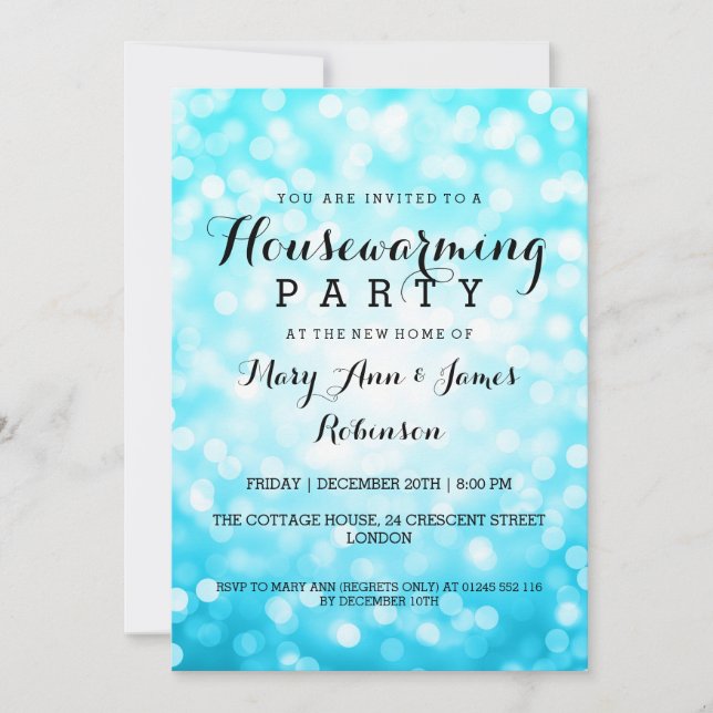 Housewarming Party Turquoise Glitter Lights Invitation (Front)