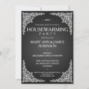 Housewarming Party Vintage Swirls Black Invitation
