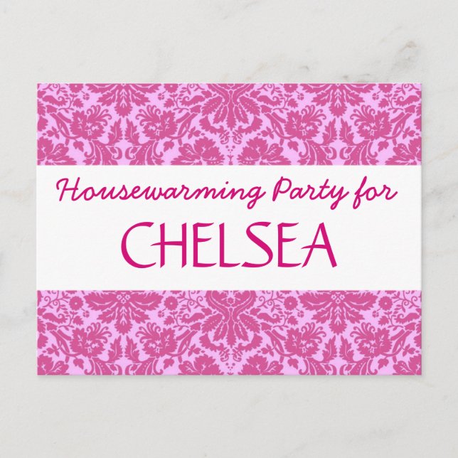 Housewarming Party with Pink Damask A04 Announcement Postcard (Front)