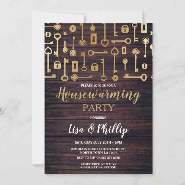Housewarming Party Wood Gold Key Locks Digital Invitation (Front)