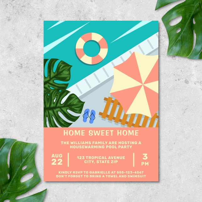 Housewarming Pool Party Tropical Pool Scene Invitation (Housewarming pool party invitation with tropical vibes)