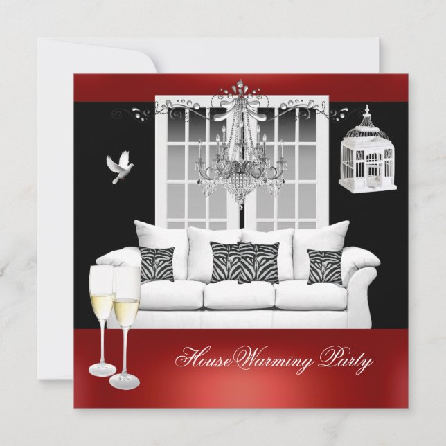 HouseWarming Red White Black Chandelier Invitation (Front)