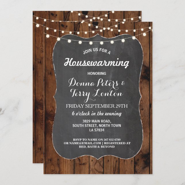 Housewarming Rustic Lights Wood Chalk Invite (Front/Back)