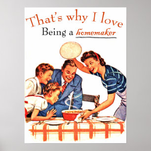 Housewife shows a meal to her family funny vintage poster