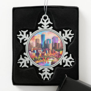 Houston Skyline Abstract Art Snowflake Pewter Christmas Ornament