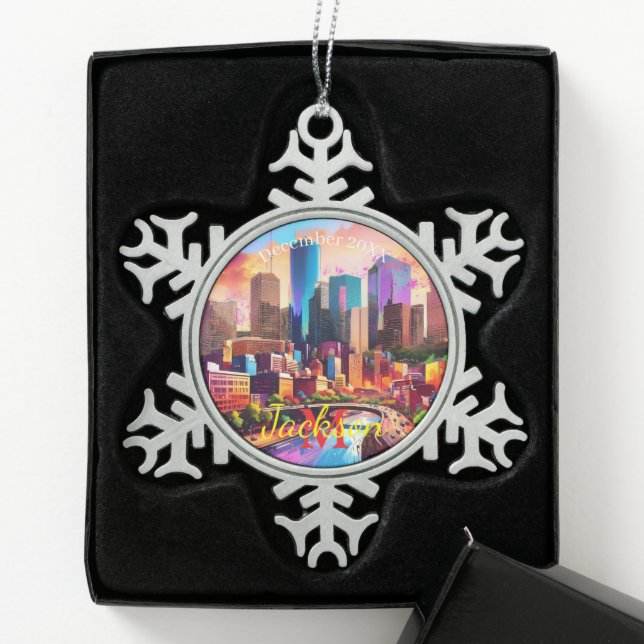 Houston Skyline Abstract Art Snowflake Pewter Christmas Ornament (Box)