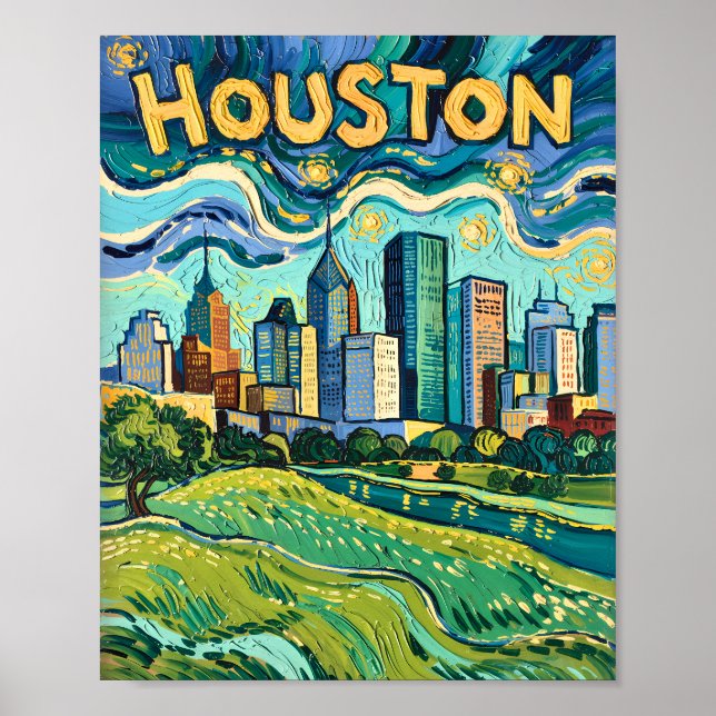 Houston Skyline Colorful Van Gogh Cityscape Poster (Front)