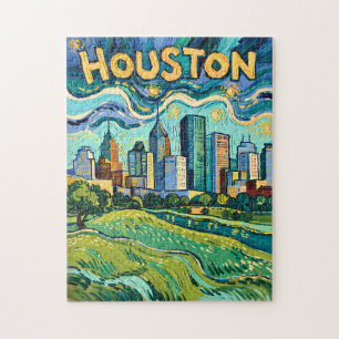 Houston Skyline Landmark Colorful Van Gogh Vintage Jigsaw Puzzle