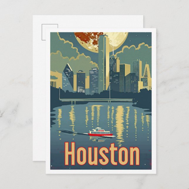 Houston Texas Art Vintage Travel Illustration Postcard (Front/Back)